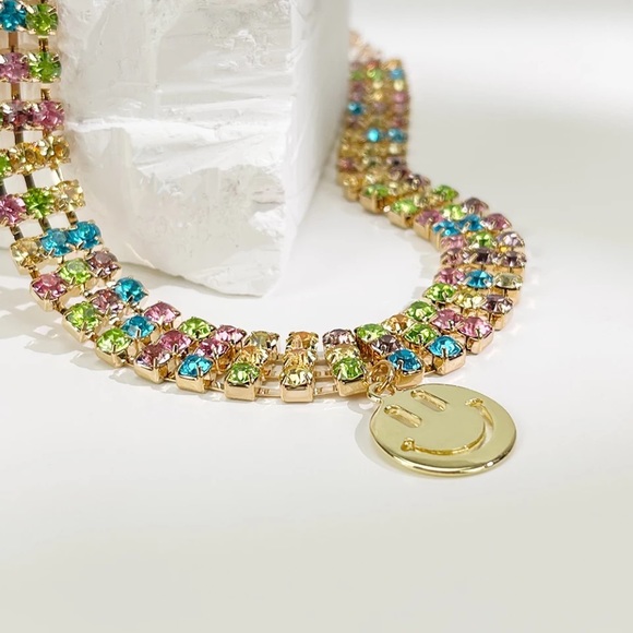 Zara Rainbow Rhinestone Smiley Charm Choker Necklaces + Chain - Picture 3 of 14